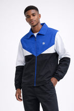 Royal blue, black, and white color-block windbreaker jacket with zip front and hoodless collar
