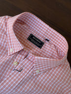Peach gingham shirt interior neck label, buttoned placket and collar
