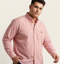 Peach gingham check button-up shirt, plus size 3XL-5XL, long sleeves