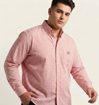 Peach gingham check button-up shirt, plus size 3XL-5XL, long sleeves
