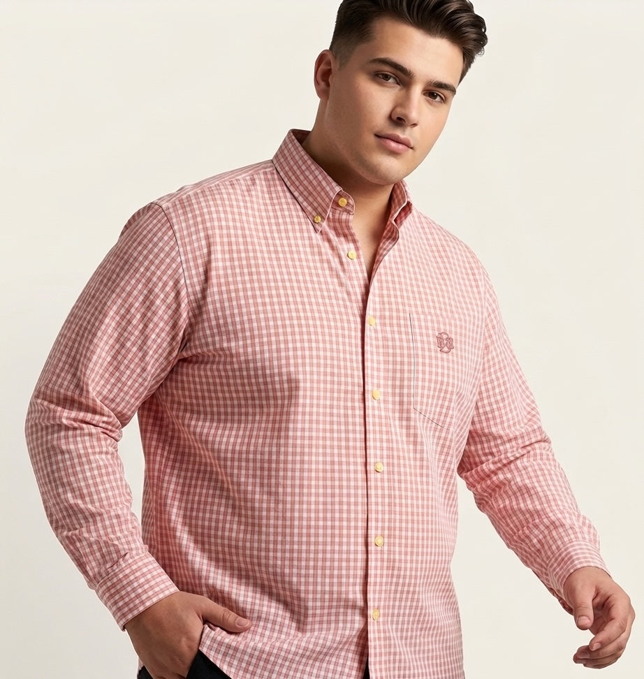 Peach gingham check button-up shirt, plus size 3XL-5XL, long sleeves