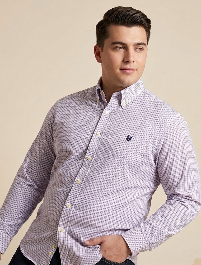 Light blue micro-check button-down shirt, long sleeves, buttoned placket and collar