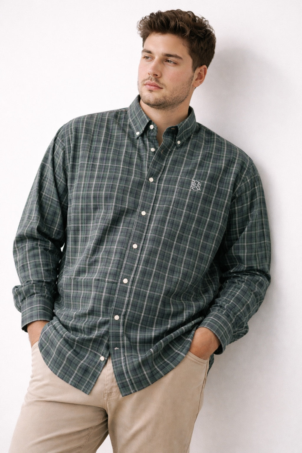 Bottle green tartan check button-up shirt, long sleeves, plus size