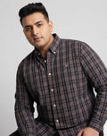 Dark plaid button-up shirt with spread collar, long sleeves, cream buttons, big & tall fit