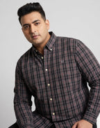 Dark plaid button-up shirt with spread collar, long sleeves, cream buttons, big & tall fit