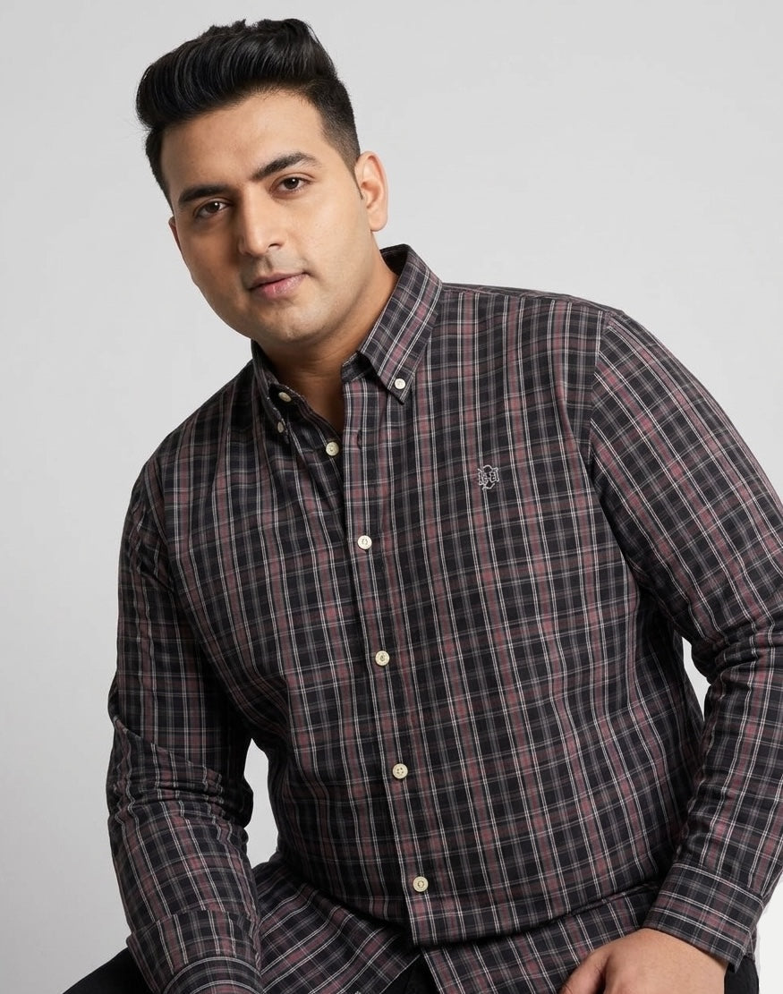 Dark plaid button-up shirt with spread collar, long sleeves, cream buttons, big & tall fit