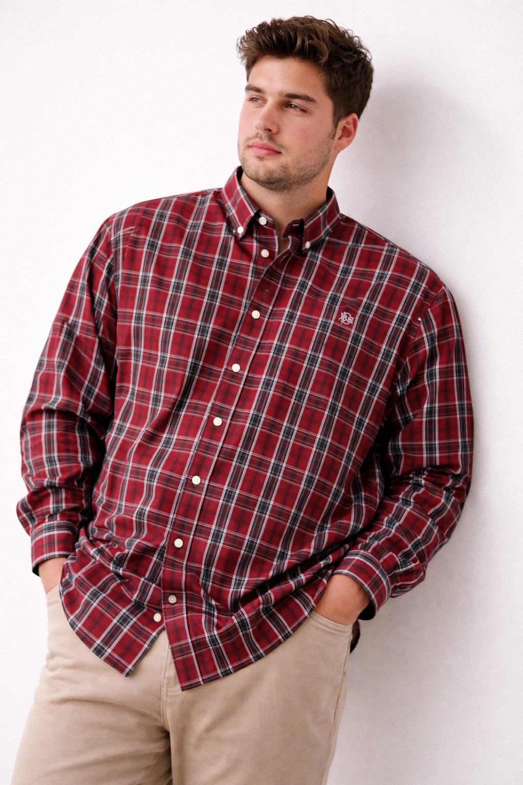 Maroon tartan check button-up shirt with chest pocket and long sleeves