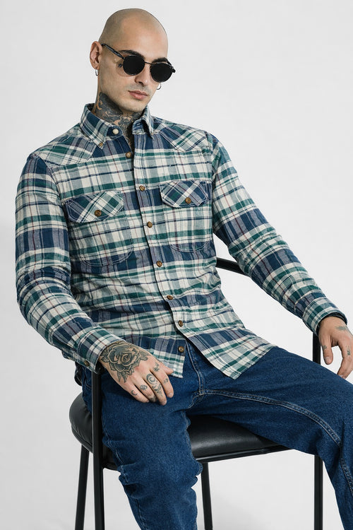 Green and navy plaid cotton shirt with two chest pockets, button-up front