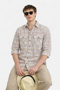Men's long-sleeve check shirt in brown and beige, double chest pockets, button-front