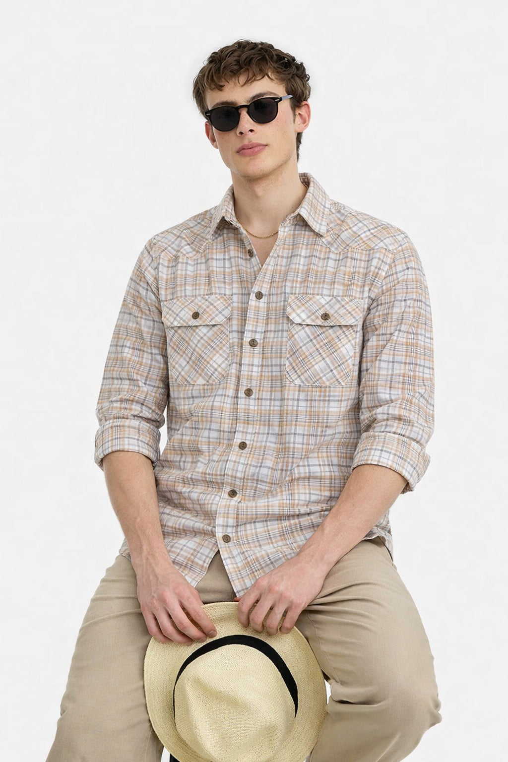 Men's long-sleeve check shirt in brown and beige, double chest pockets, button-front