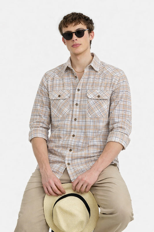 Brown and Beige Small Checks Double Pocket Shirt for Men - Cotton, Long Sleeve