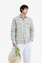 Men’s double-pocket plaid shirt in white with grey, brown, and green check