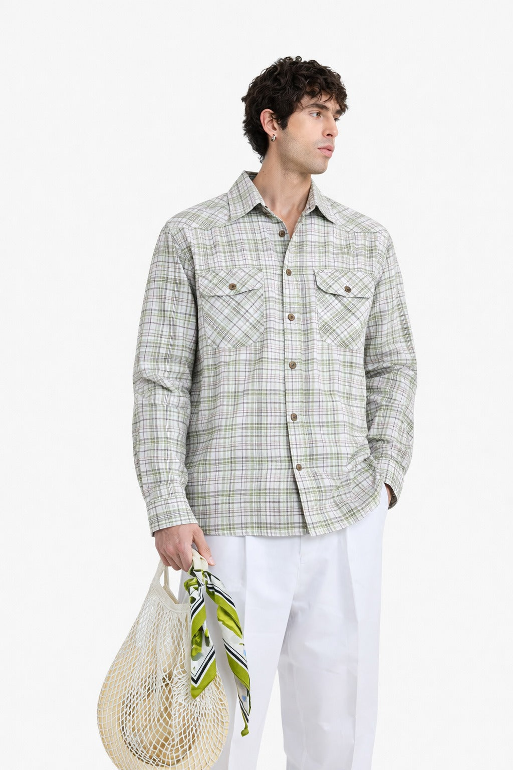 Men’s double-pocket plaid shirt in white with grey, brown, and green check