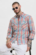 Bold check casual shirt in red, blue, and green; button front and two chest pockets
