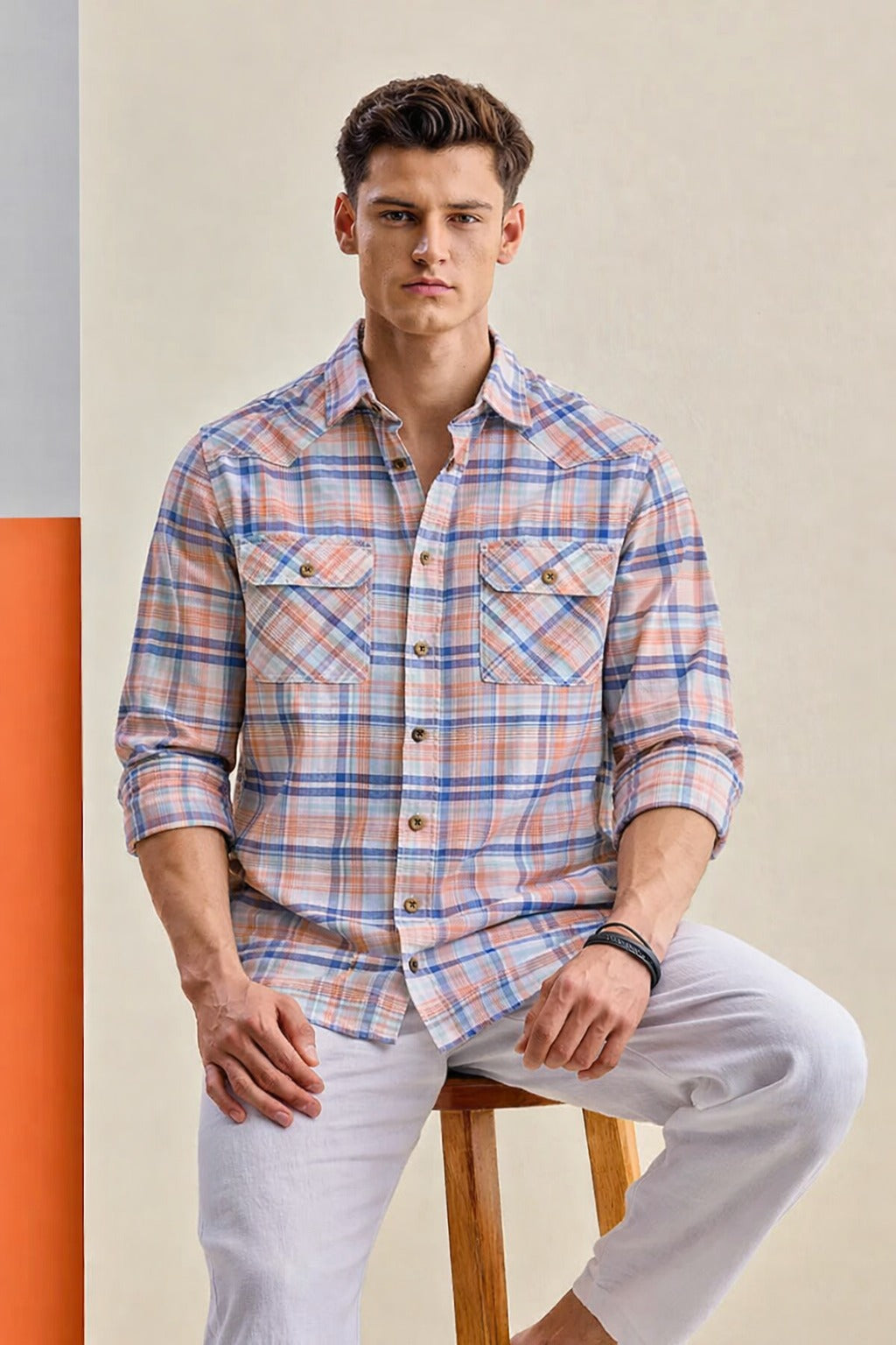 Pink and blue plaid cotton shirt with two chest pockets, button-front, long sleeves