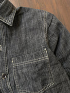Deep grey denim shirt close-up of chest pocket with contrast stitching and button placket
