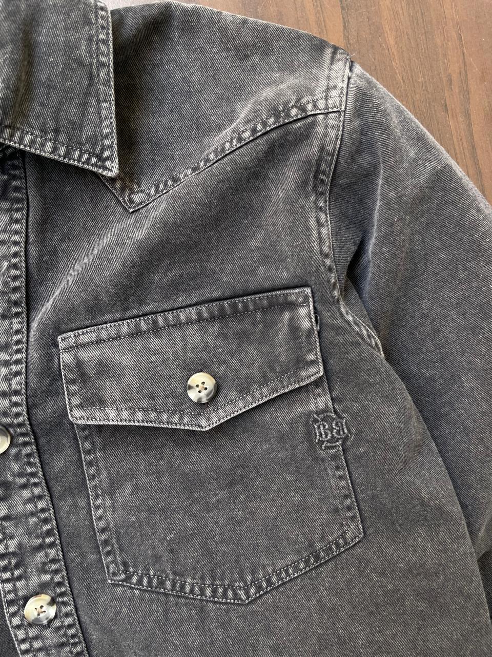 Charcoal western denim chest pocket with flap and round snap button