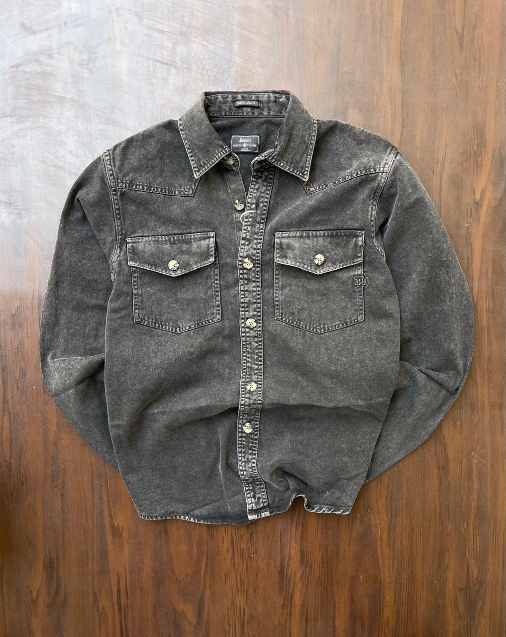 Charcoal western denim shirt laid flat, button front and two chest pockets