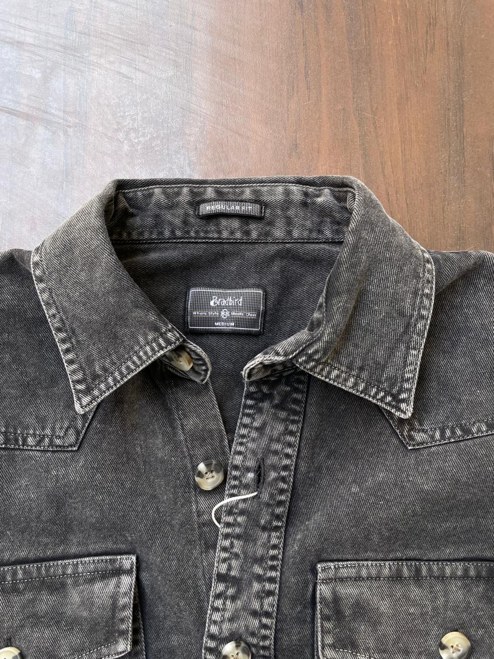 Charcoal western denim shirt collar with button placket and label