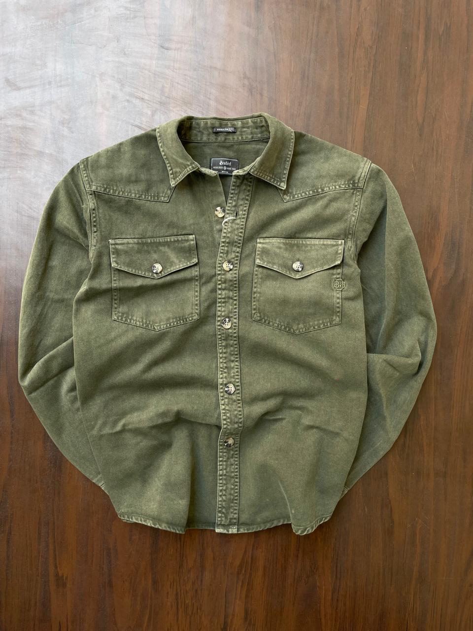Olive regular-fit denim western shirt laid flat, button placket and chest pockets