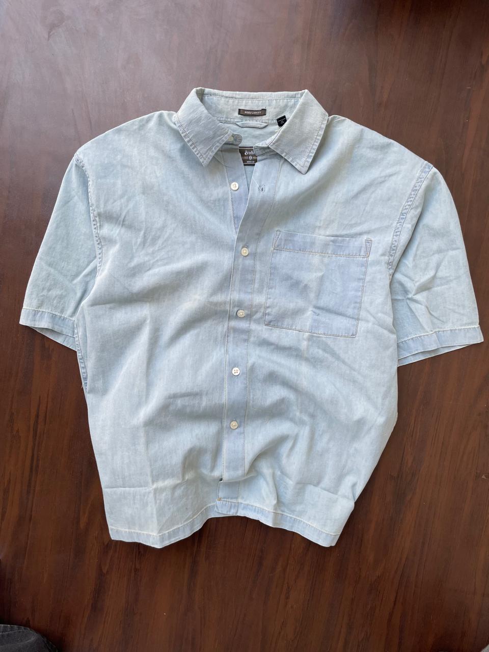 Mint light-wash denim half-sleeve button-up shirt, flat lay with collar