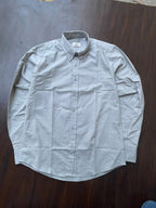 Light grey textured oxford button-up shirt, long sleeves, front buttons