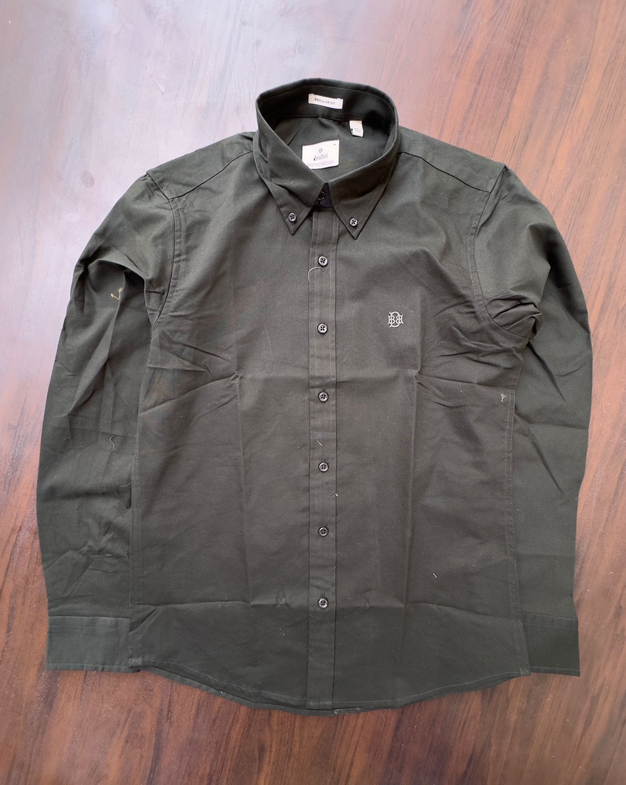 Midnight Forest Green Textured Oxford Shirt with Tonal Monogram