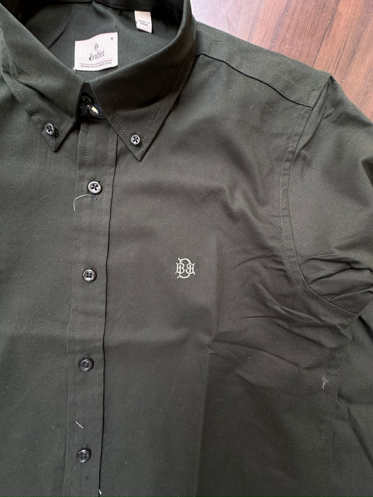 Midnight Forest Green Textured Oxford Shirt with Tonal Monogram