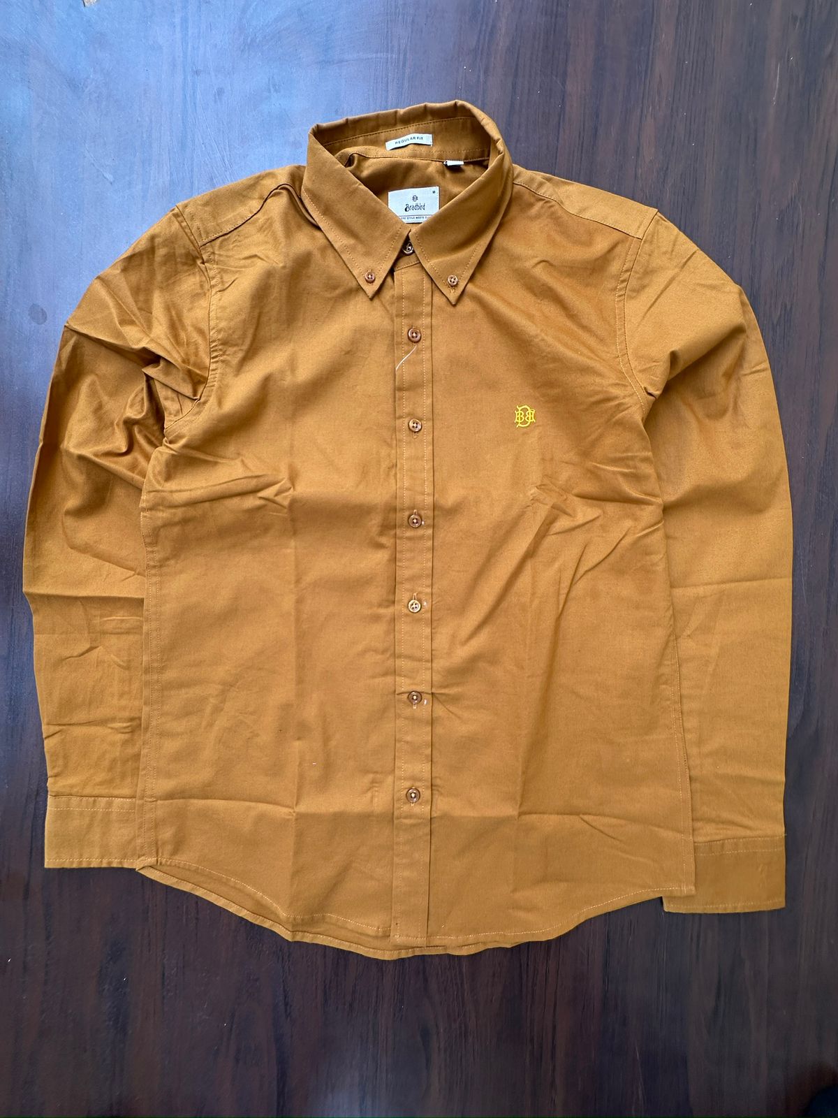 Retro Dark Ochre Textured Oxford Shirt with Golden Monogram