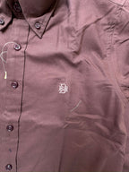 Burgundy oxford shirt chest monogram and button placket detail