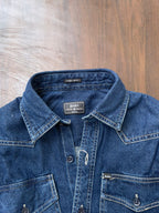 Blue denim western-style shirt neckline with label and button placket detail