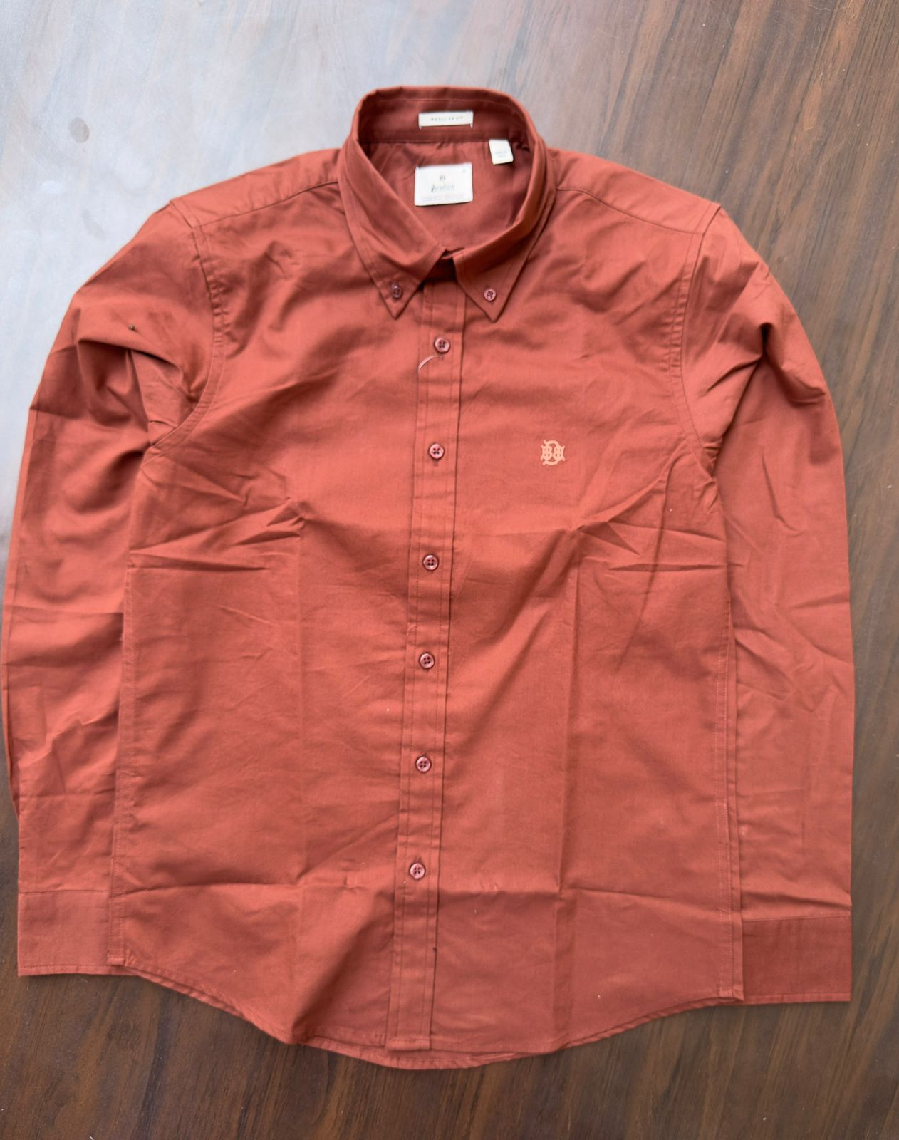 Burnt Clay Earth-Tone Textured Oxford Shirt with Tonal Monogram
