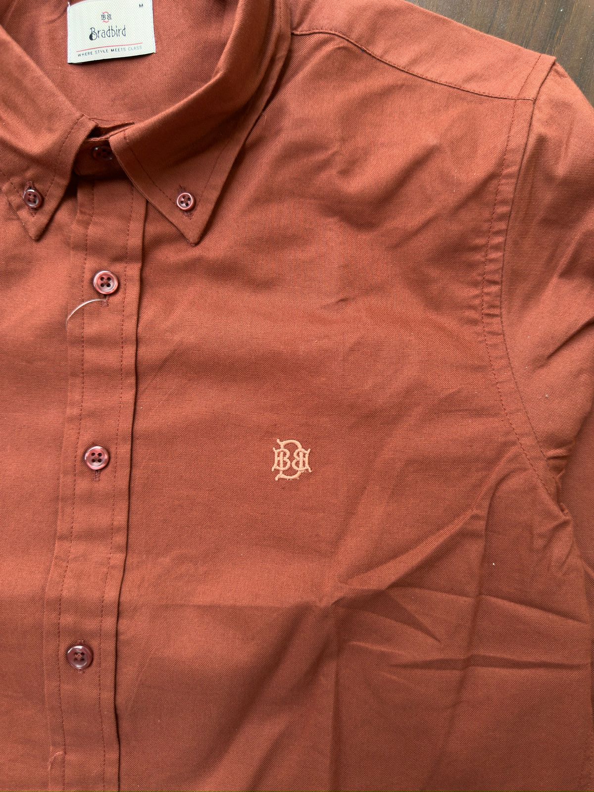 Burnt Clay Earth-Tone Textured Oxford Shirt with Tonal Monogram