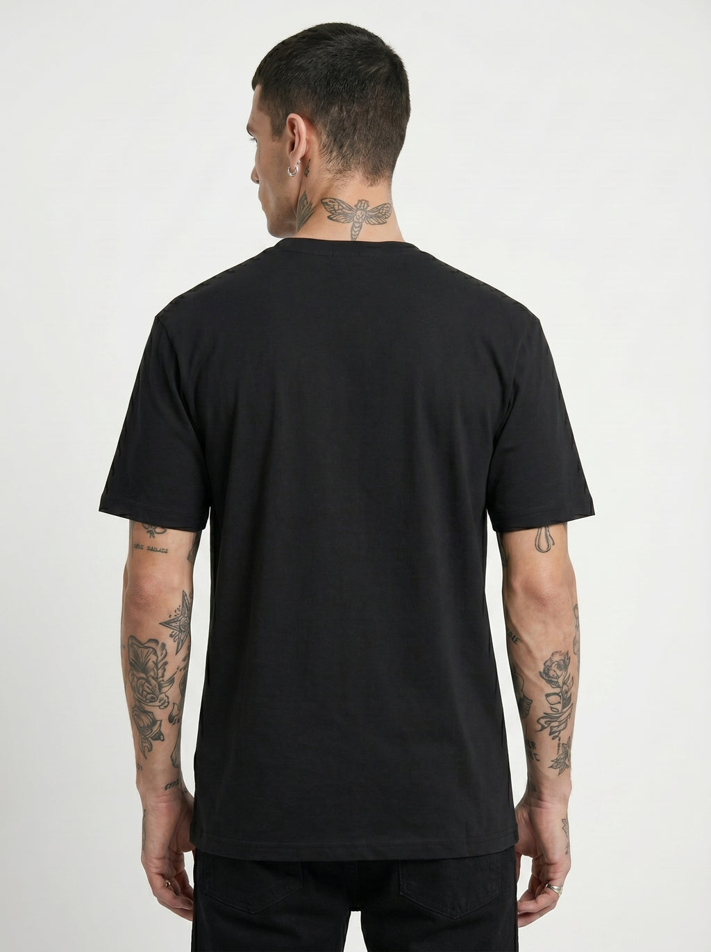 Black round-neck T-shirt, back view