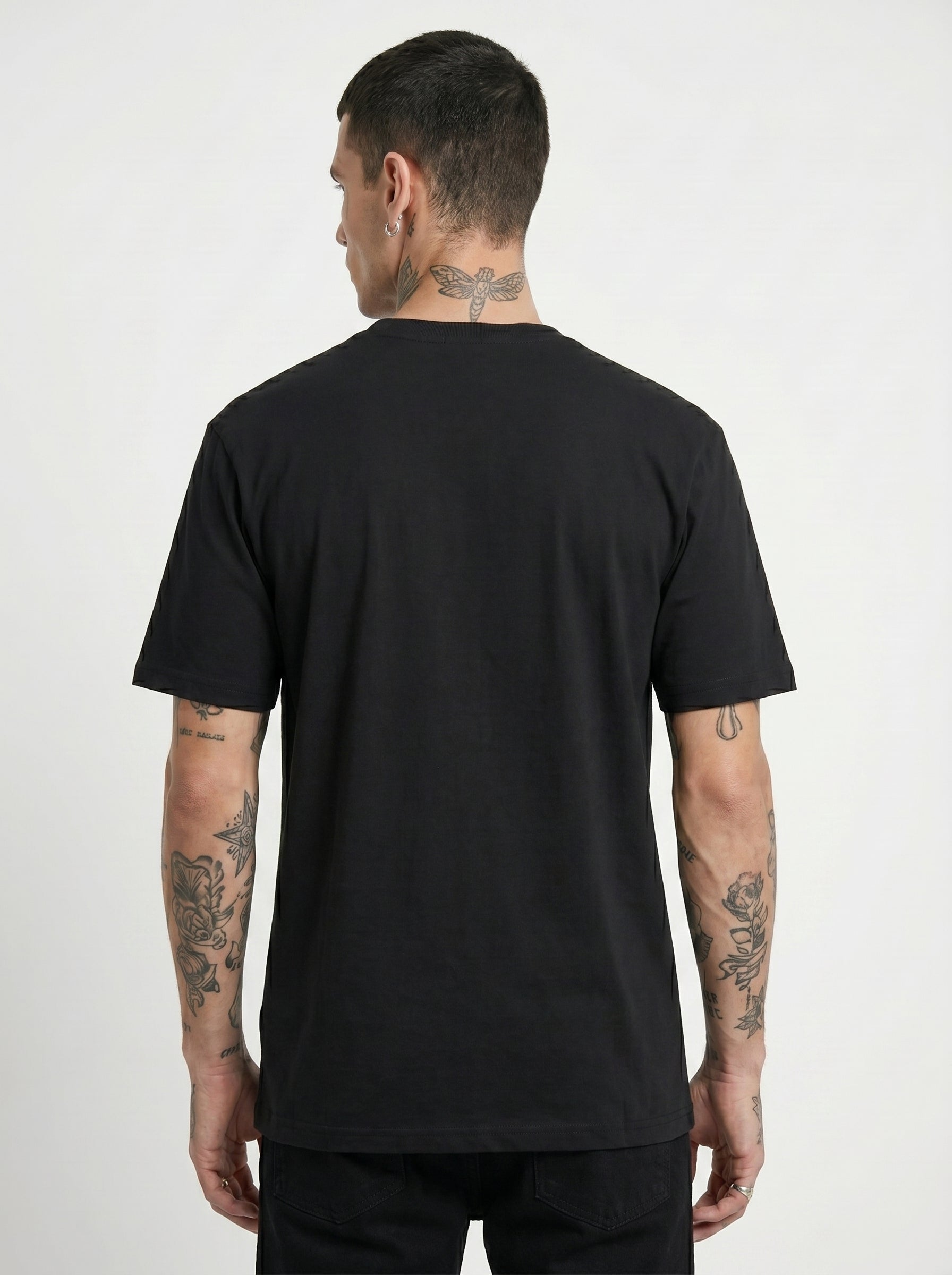Black round-neck T-shirt, back view