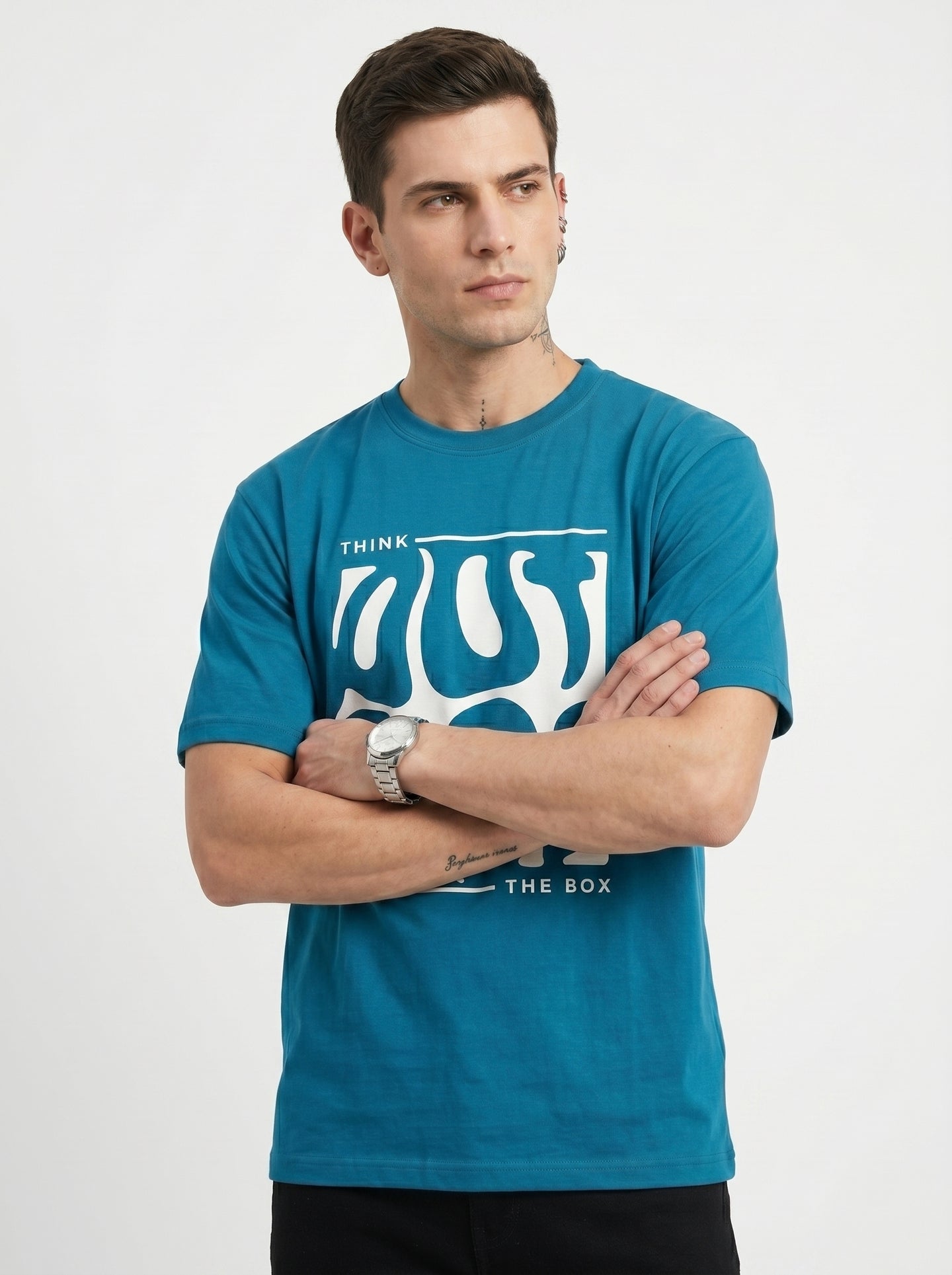 Ocean Blue Melted Box Typography Round Neck Shirt