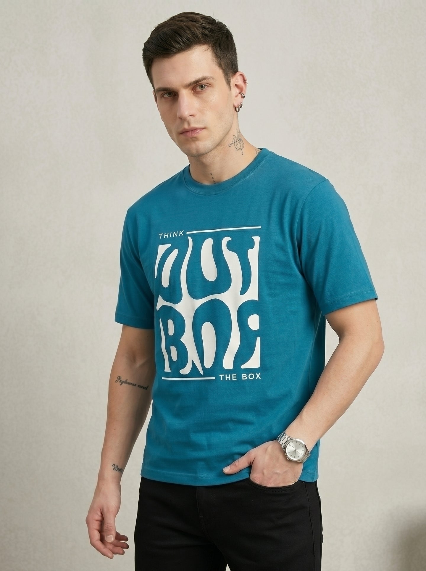 Ocean Blue Melted Box Typography Round Neck Shirt