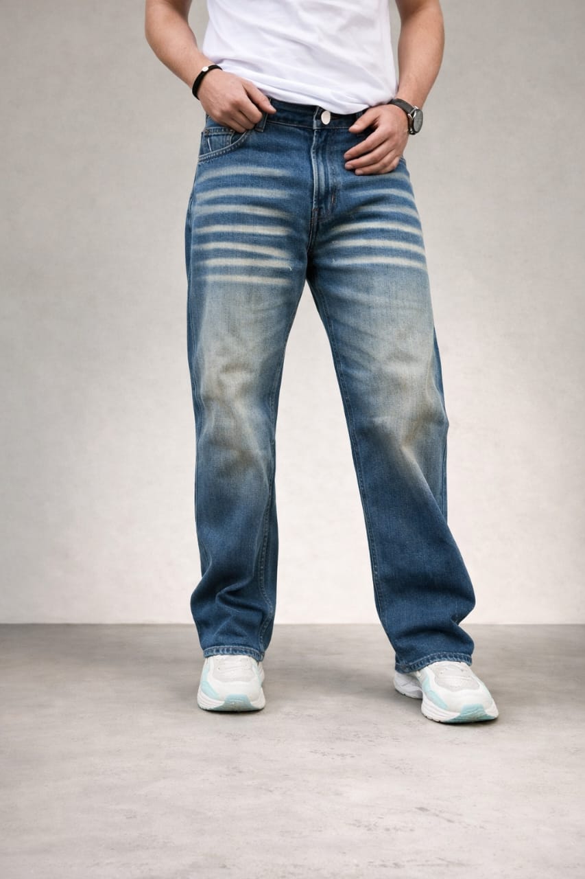 Straight-fit jeans front view, medium indigo wash with relaxed straight leg opening