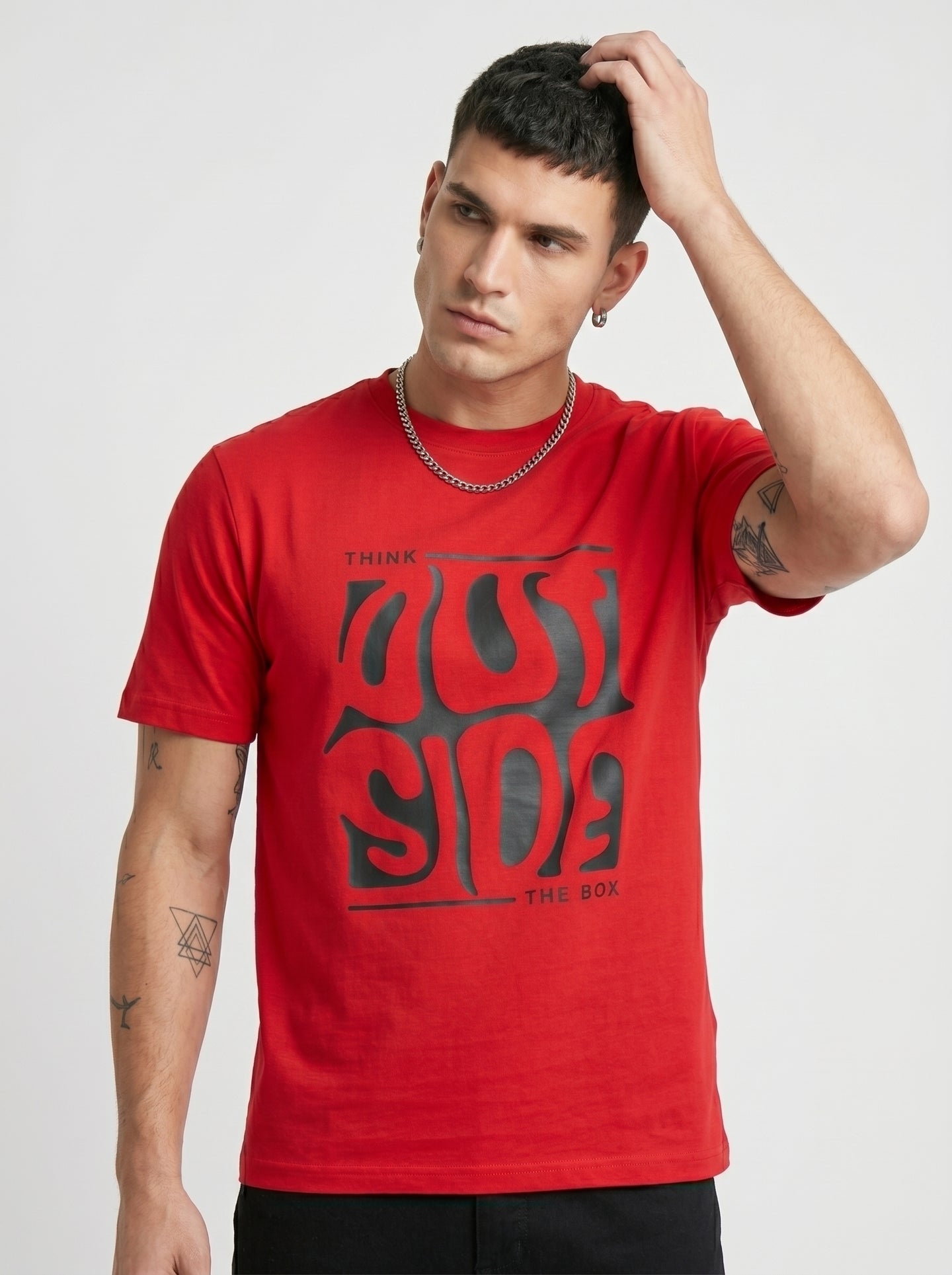 Red Wavy Typography Motorcycle Club Vibe Round Neck