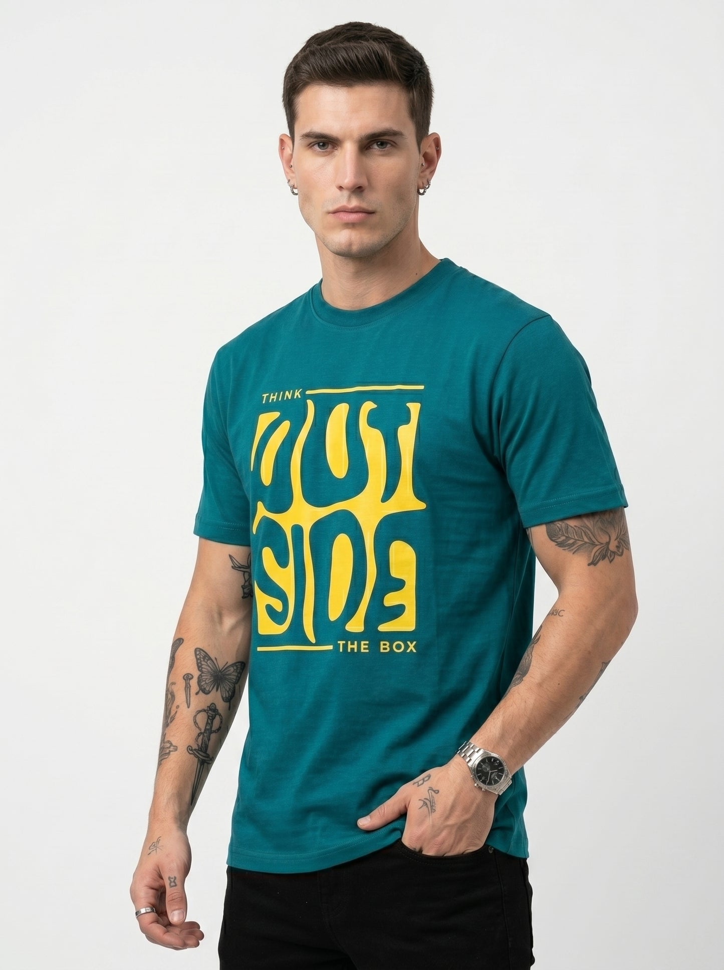 Teal Green Melted Box Graphic Round Neck Shirt