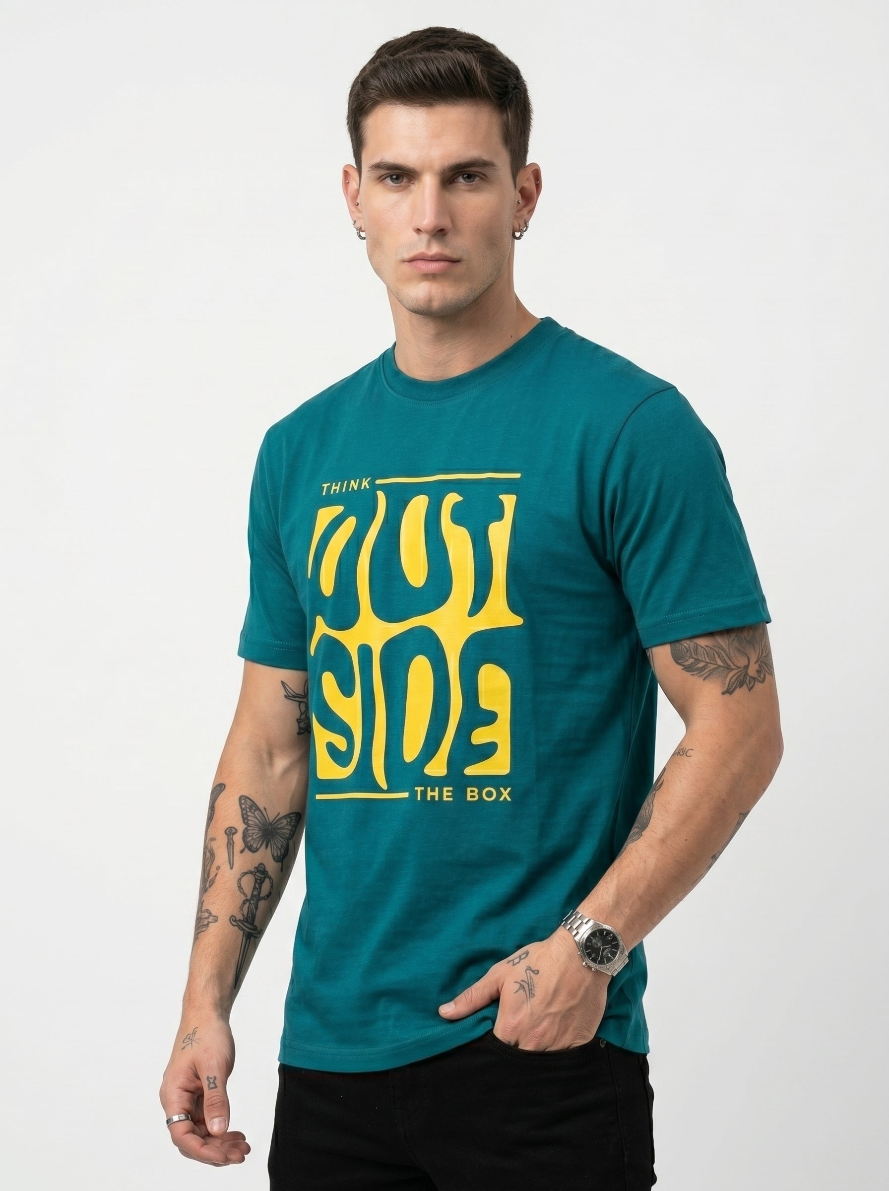 Teal green round-neck T-shirt with yellow melted box graphic and small text
