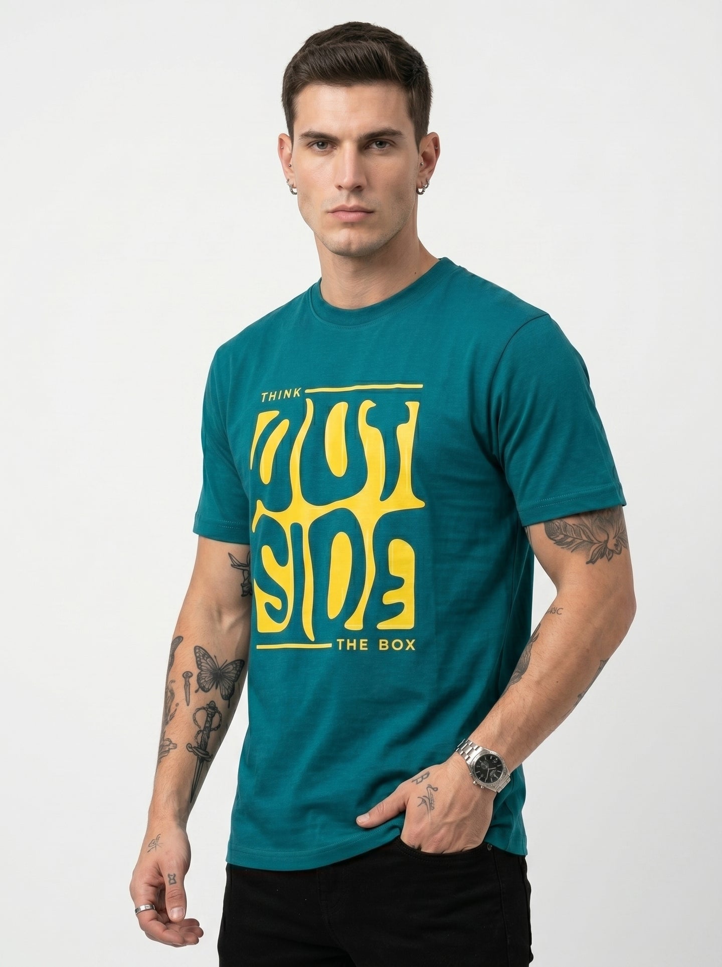 Teal Green Melted Box Graphic Round Neck Shirt