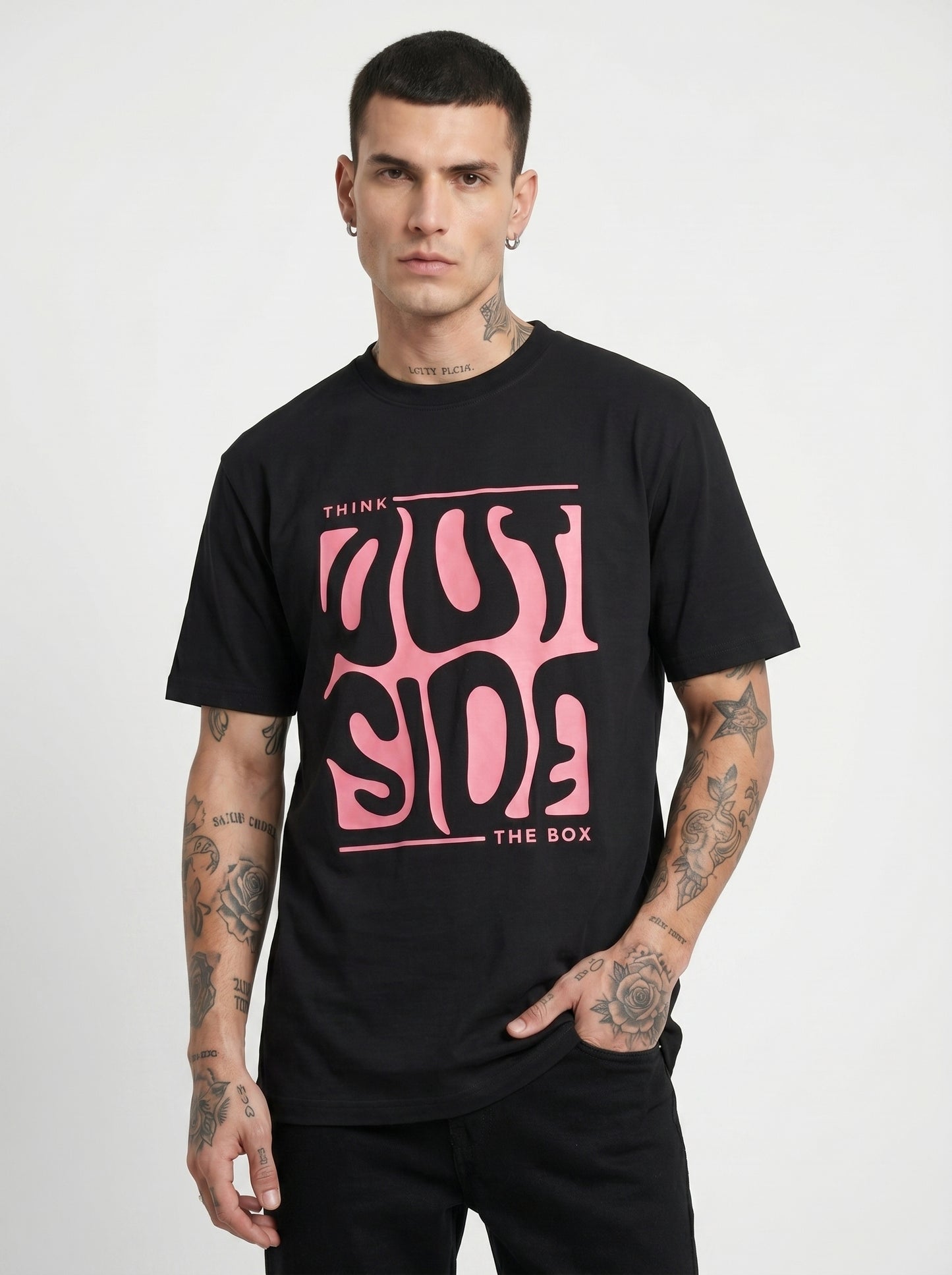 Black Melted Box Graphic Rose Pink Round Neck Shirt