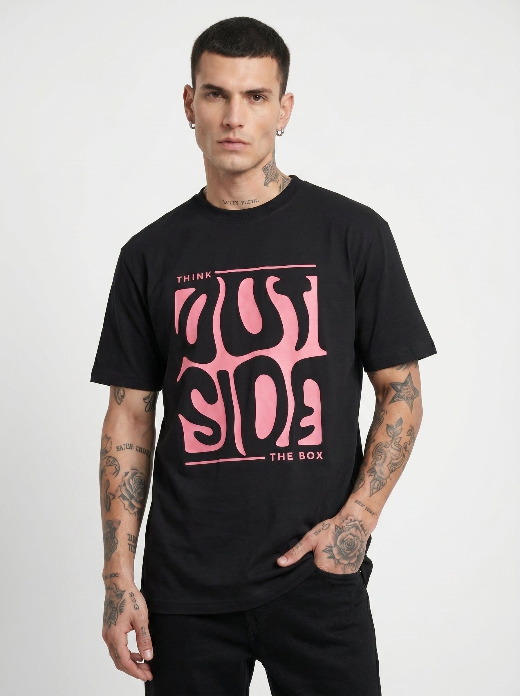 Black round-neck T-shirt with rose-pink box graphic, standing front
