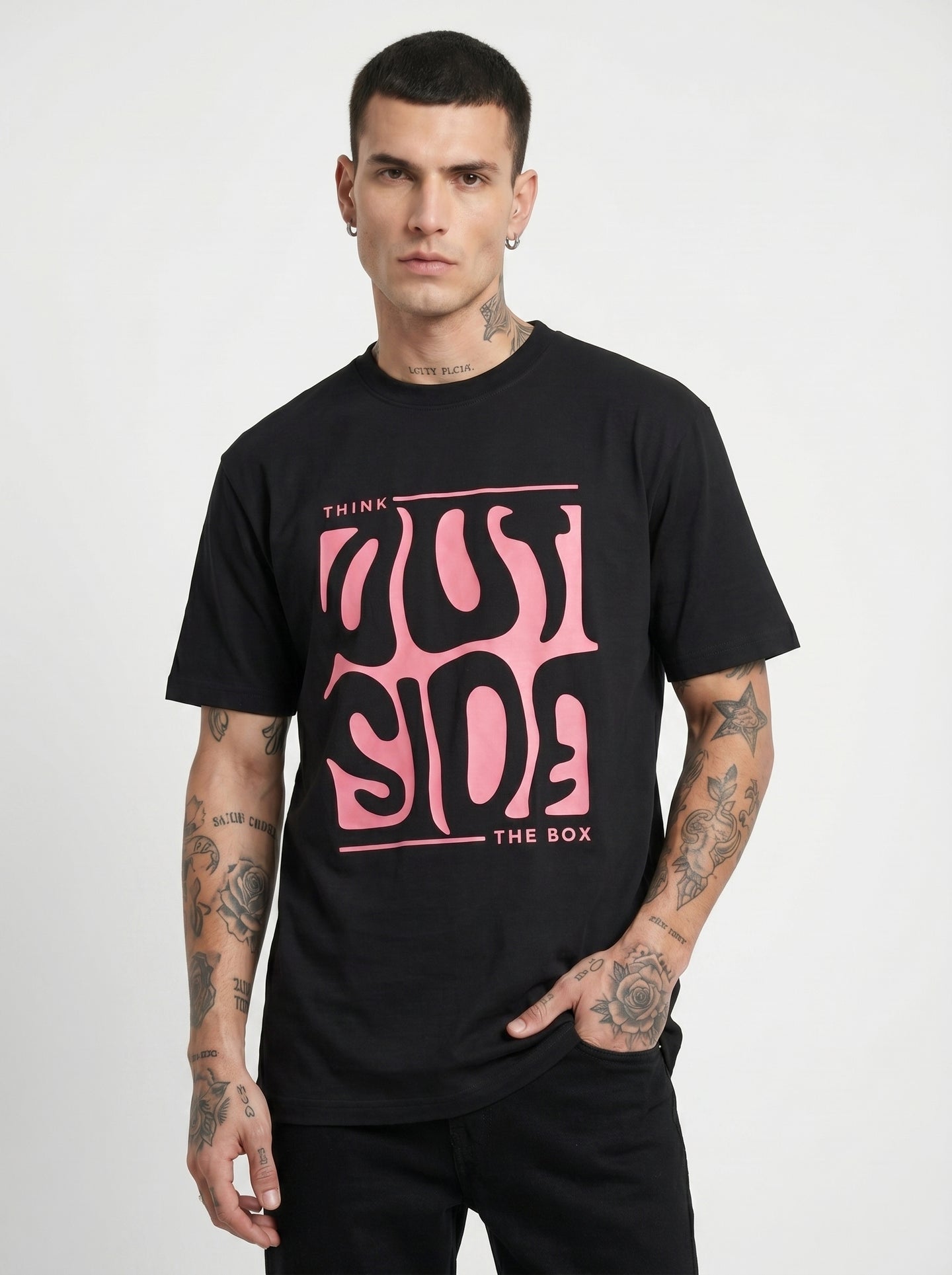 Black Melted Box Graphic Rose Pink Round Neck Shirt