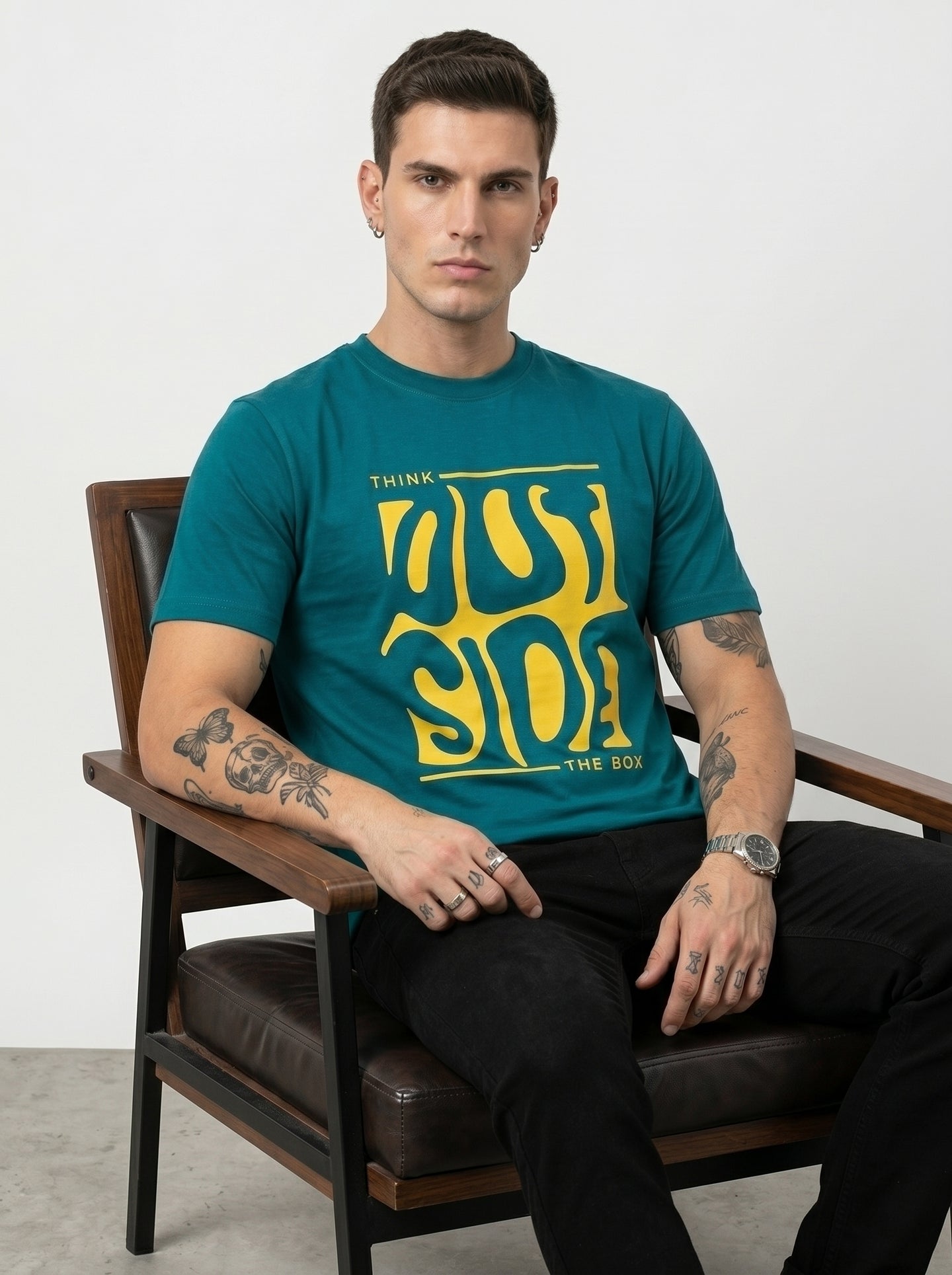 Teal Green Melted Box Graphic Round Neck Shirt