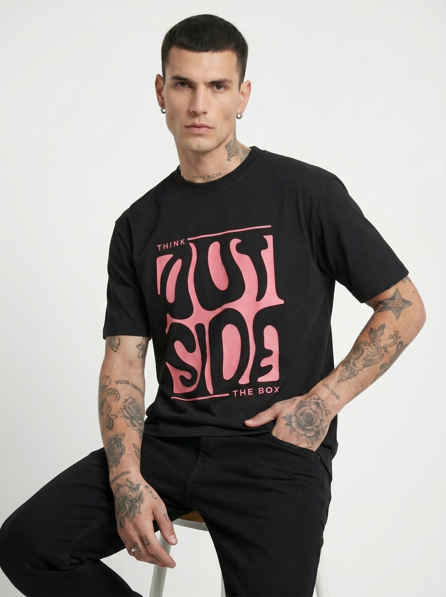 Black Melted Box Graphic Rose Pink Round Neck Shirt