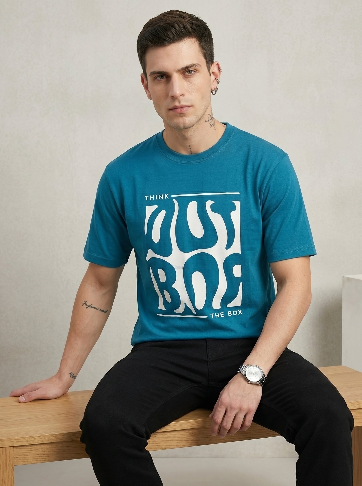 Ocean Blue Melted Box Typography Round Neck Shirt