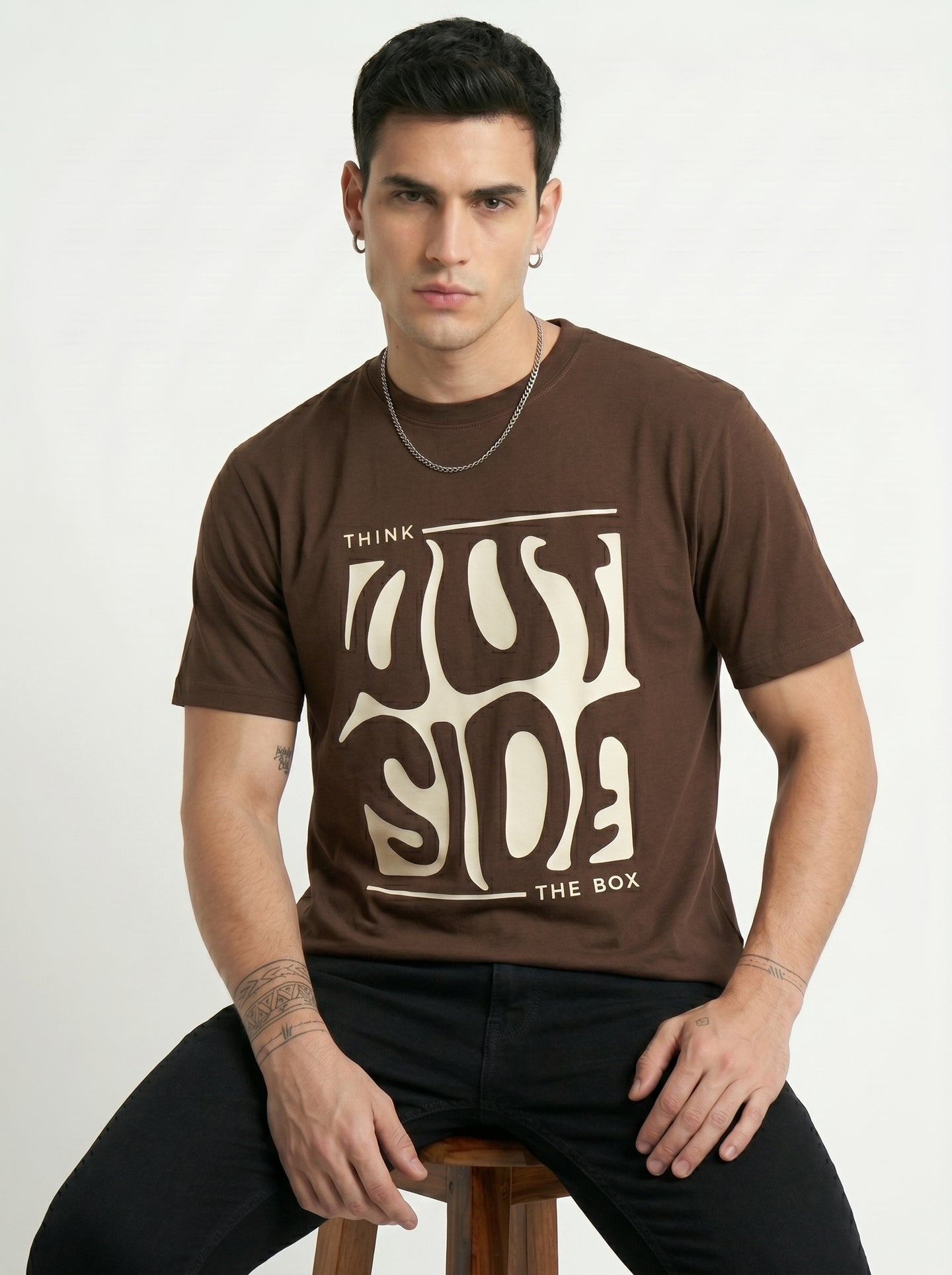 Walnut Brown Melted Box Graphic Round Neck Shirt